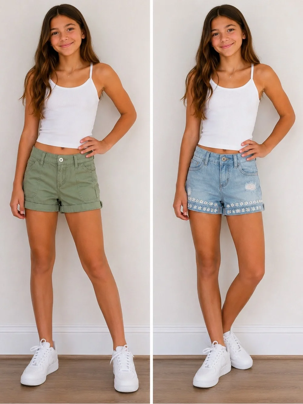 The Children's Place Olive Green Cargo & Light Blue Denim Floral-Trim Shorts Duo